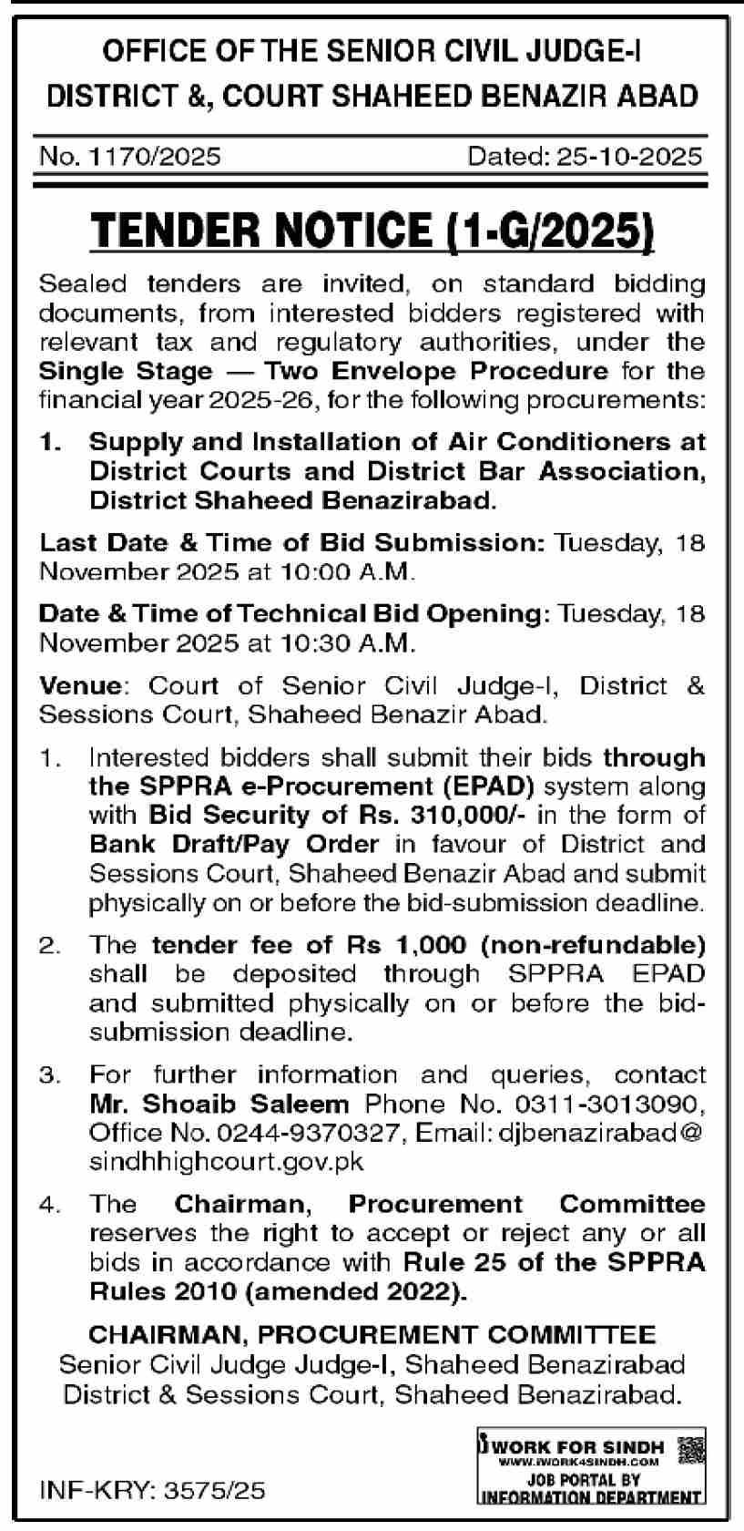 District & Session Court Benazirabad Tender Notice